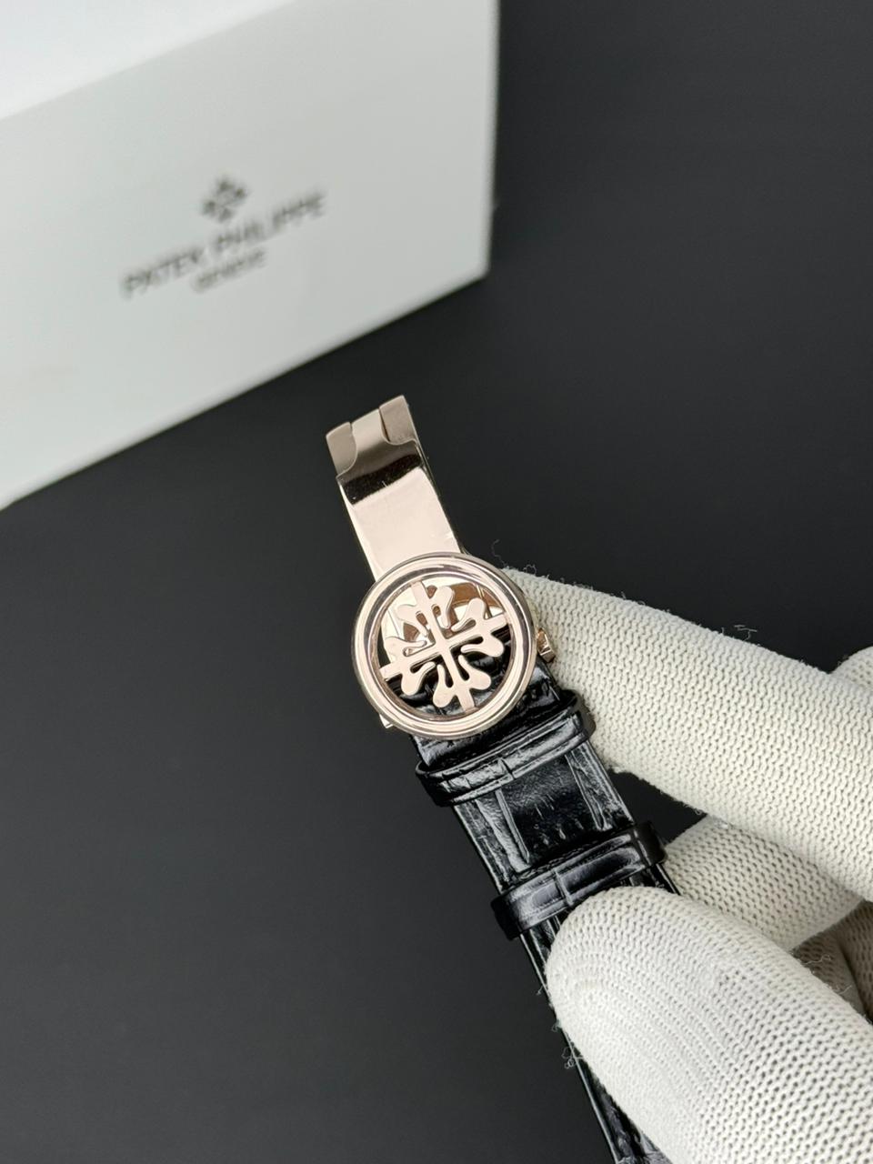 Patek Philippe Nautilus - Leather Strap Black Dial - Black & Rose Gold
