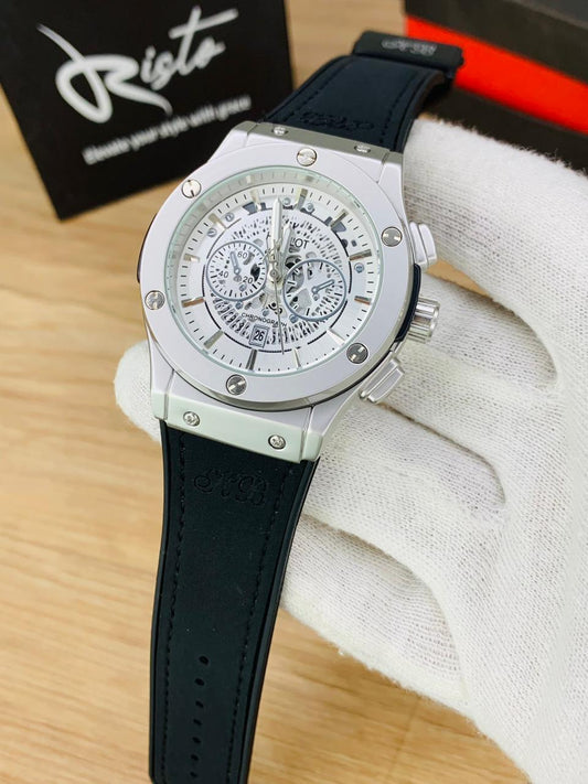 Hublot Skeleton Leather Straps - Premium Watch - Silver Black