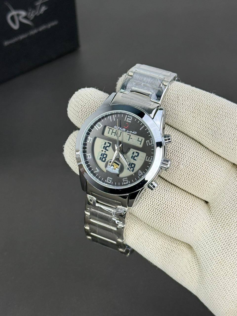 Al Fajar Islamic Prayer Watch – Dual-Time Stainless Steel Watch with Qibla Compass & Azan Alarm