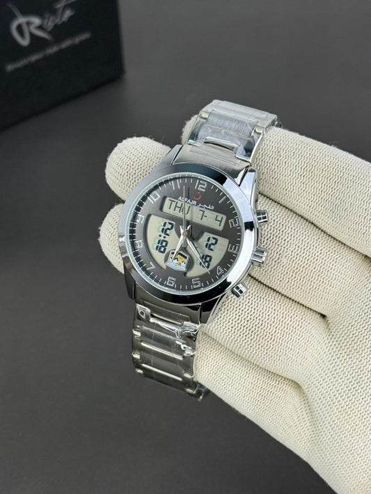 Al Fajar Islamic Prayer Watch – Dual-Time Stainless Steel Watch with Qibla Compass & Azan Alarm