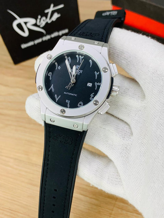 Hublot Arabic Dial - Leather Straps - Premium Watch - Silver Black