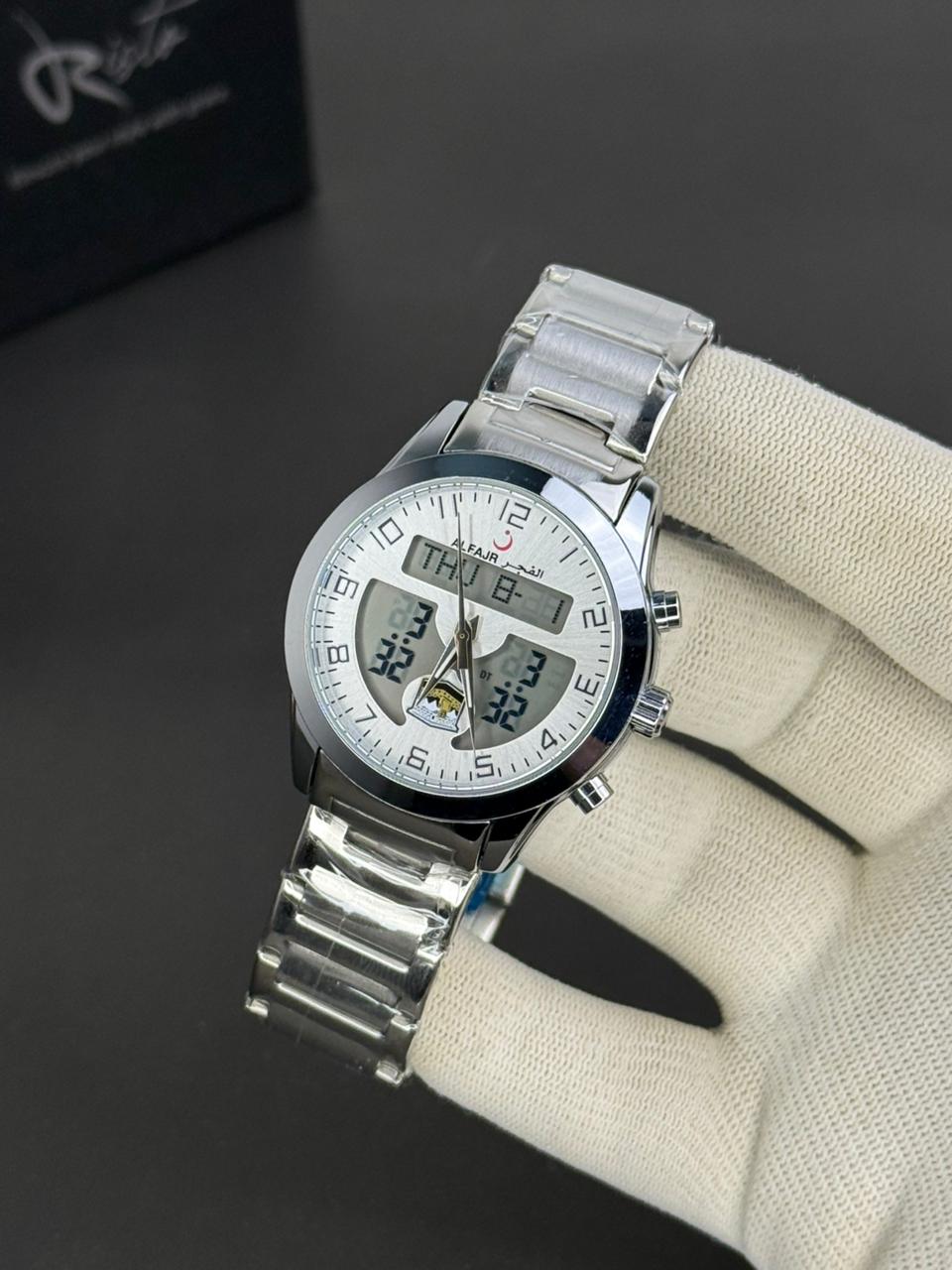 Al Fajar Islamic Prayer Watch – Dual-Time Stainless Steel Watch with Qibla Compass & Azan Alarm