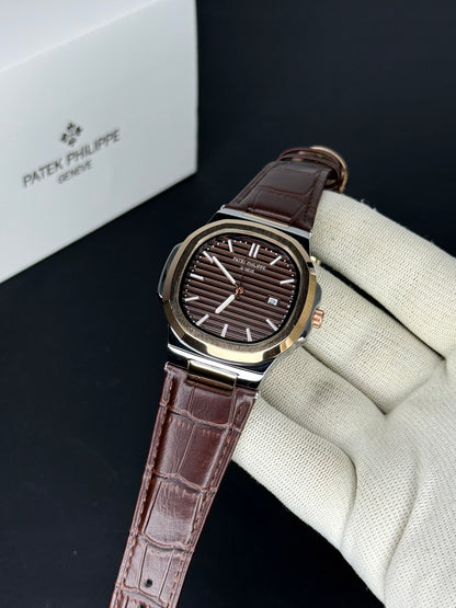Patek Philippe Nautilus - Leather Strap brown Dial Brown & Rose Gold