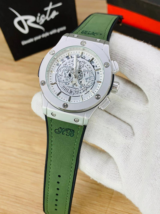 Hublot Skeleton Leather Straps - Premium Watch - Silver Green