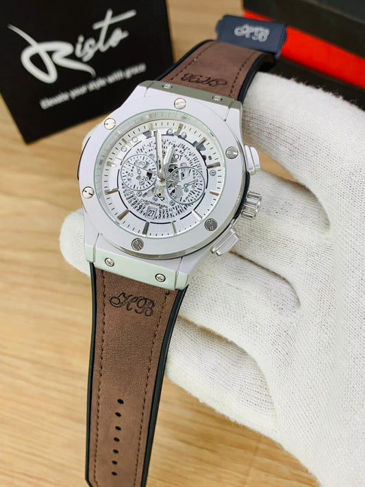 Hublot Skeleton Leather Straps - Premium Watch - Silver Brown