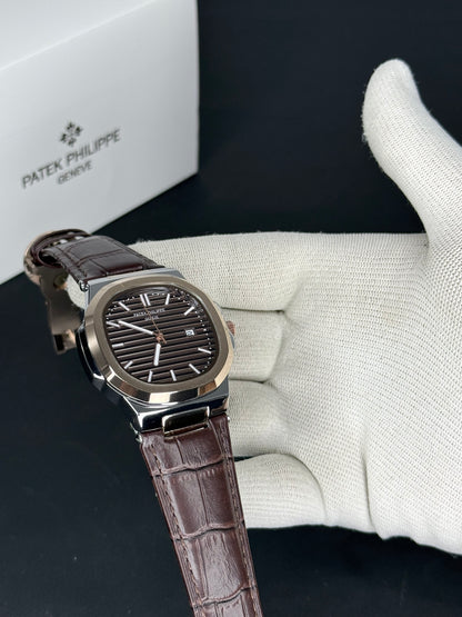 Patek Philippe Nautilus - Leather Strap brown Dial Brown & Rose Gold