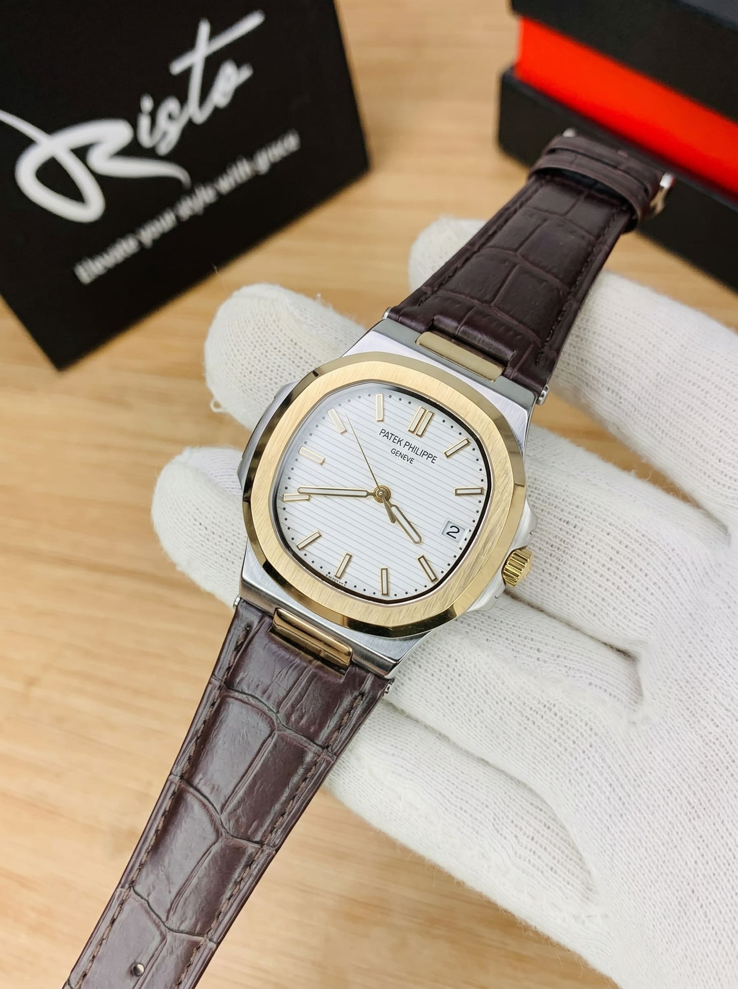 Patek Philippe Nautilus - Leather Strap White Dial Brown & Golden