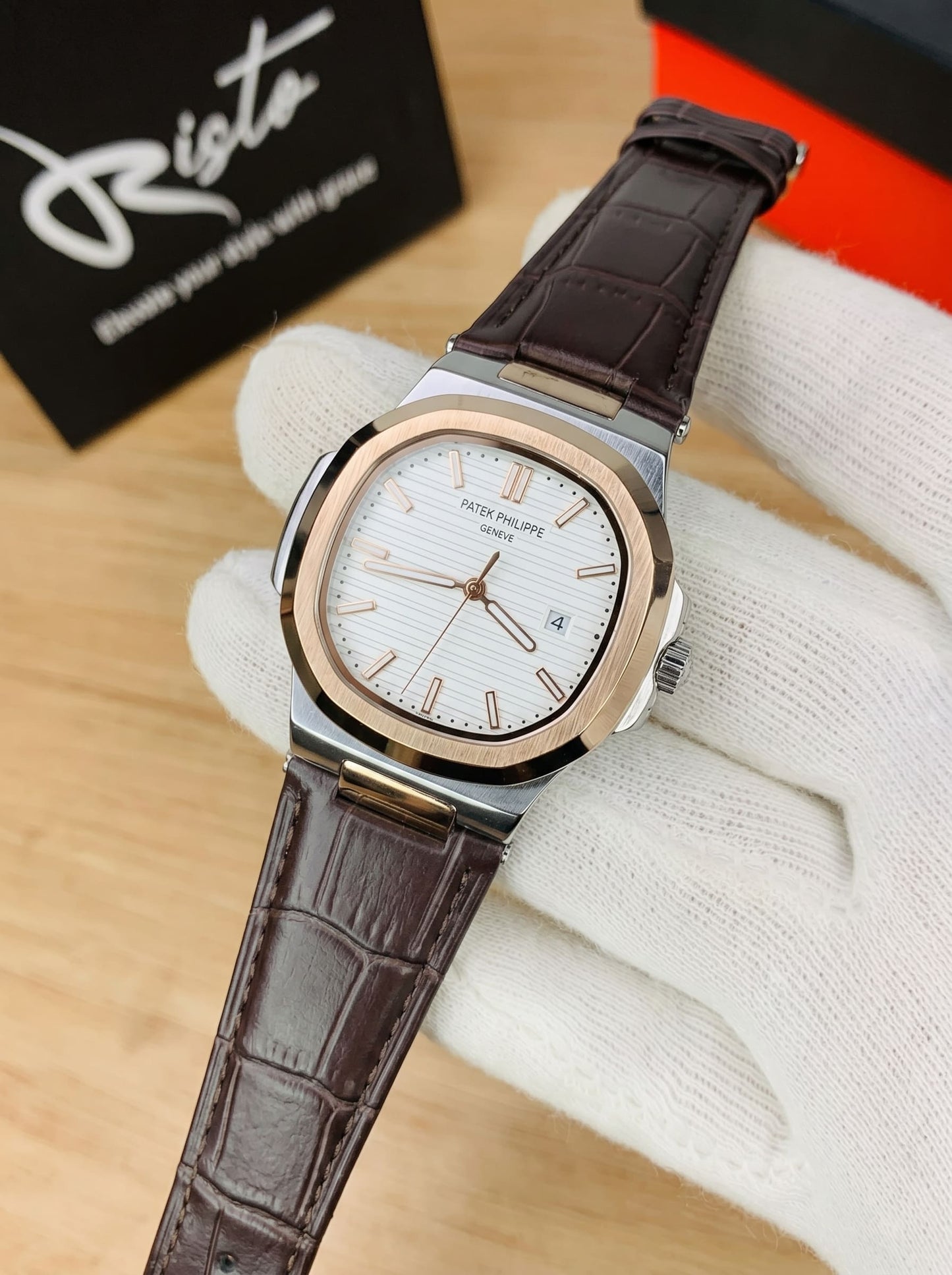 Patek Philippe Nautilus - Leather Strap White Dial Brown & Rose Gold