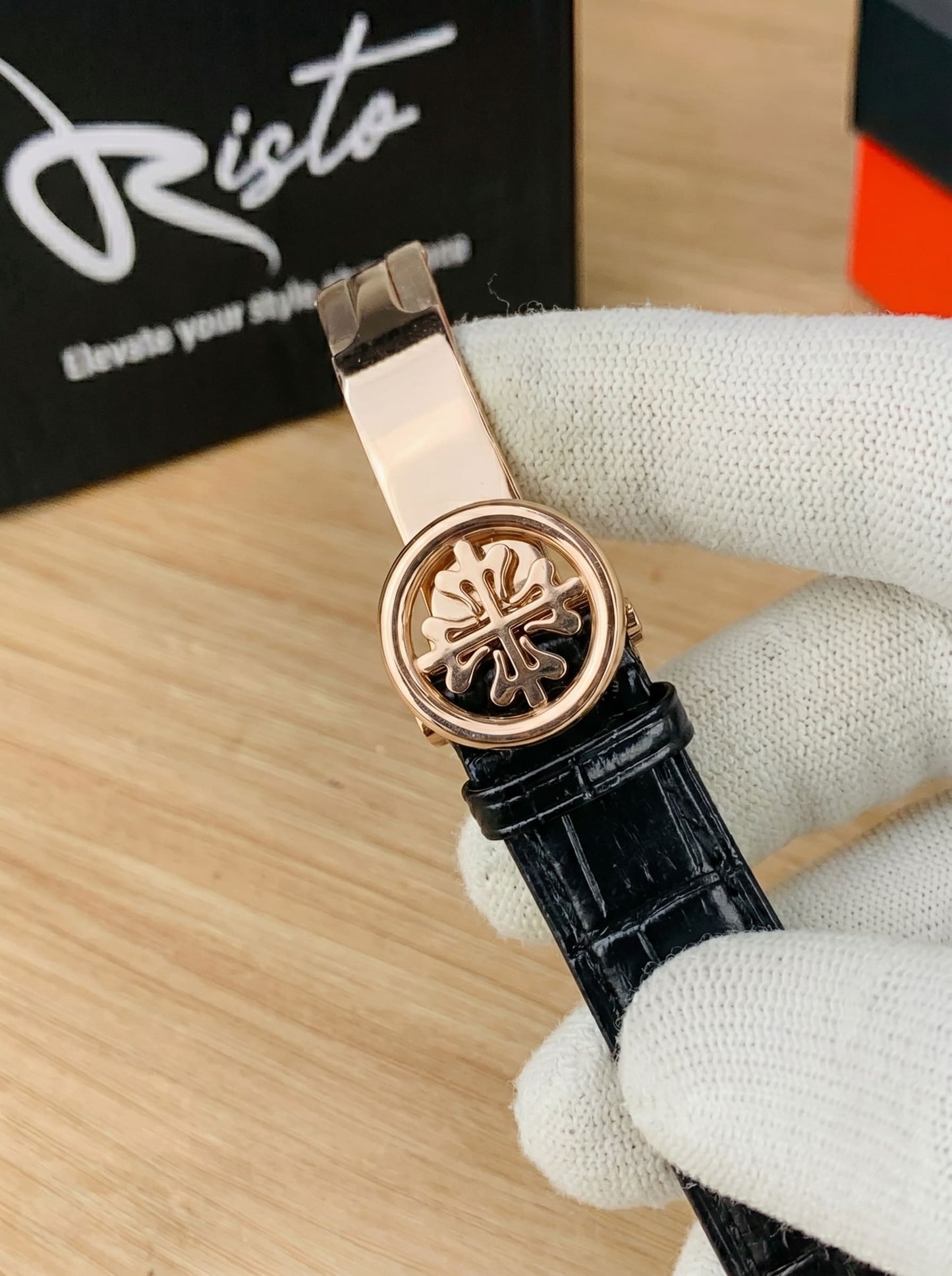 Patek Philippe Nautilus - Leather Strap Black Dial - Black & Rose Gold