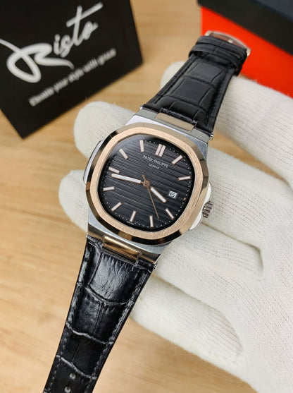 Patek Philippe Nautilus - Leather Strap Black Dial - Black & Rose Gold