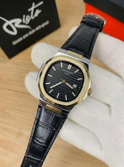 Patek Philippe Nautilus - Leather Strap Black Dial - Black & Golden