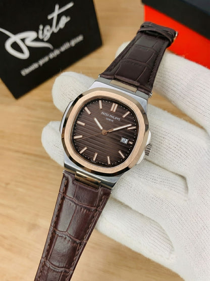 Patek Philippe Nautilus - Leather Strap brown Dial Brown & Rose Gold