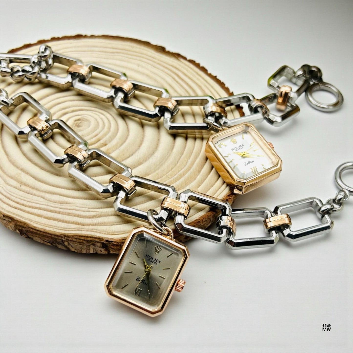 Rolex Rectangular Watch Bracelet - Two Tone Silver Chain