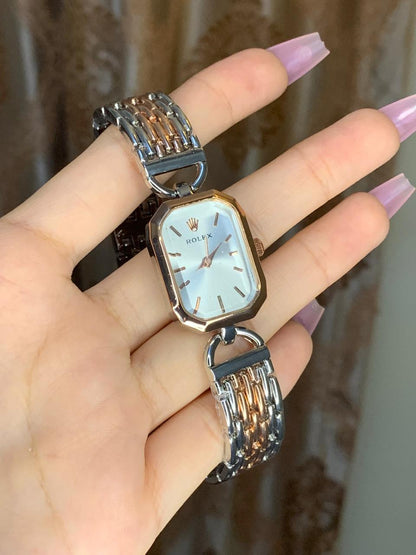 Rolex Women’s Luxury Rectangular Watch – Silver & Rose Gold