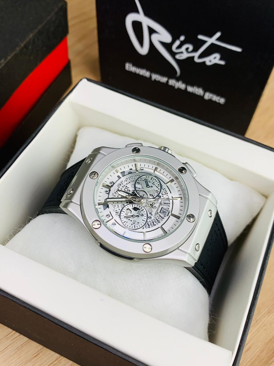 Hublot Skeleton Leather Straps - Premium Watch - Silver Black