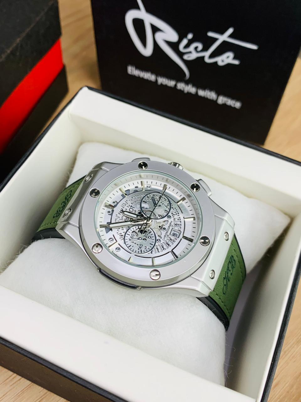 Hublot Skeleton Leather Straps - Premium Watch - Silver Green