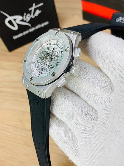 Hublot Skeleton Leather Straps - Premium Watch - Silver Black