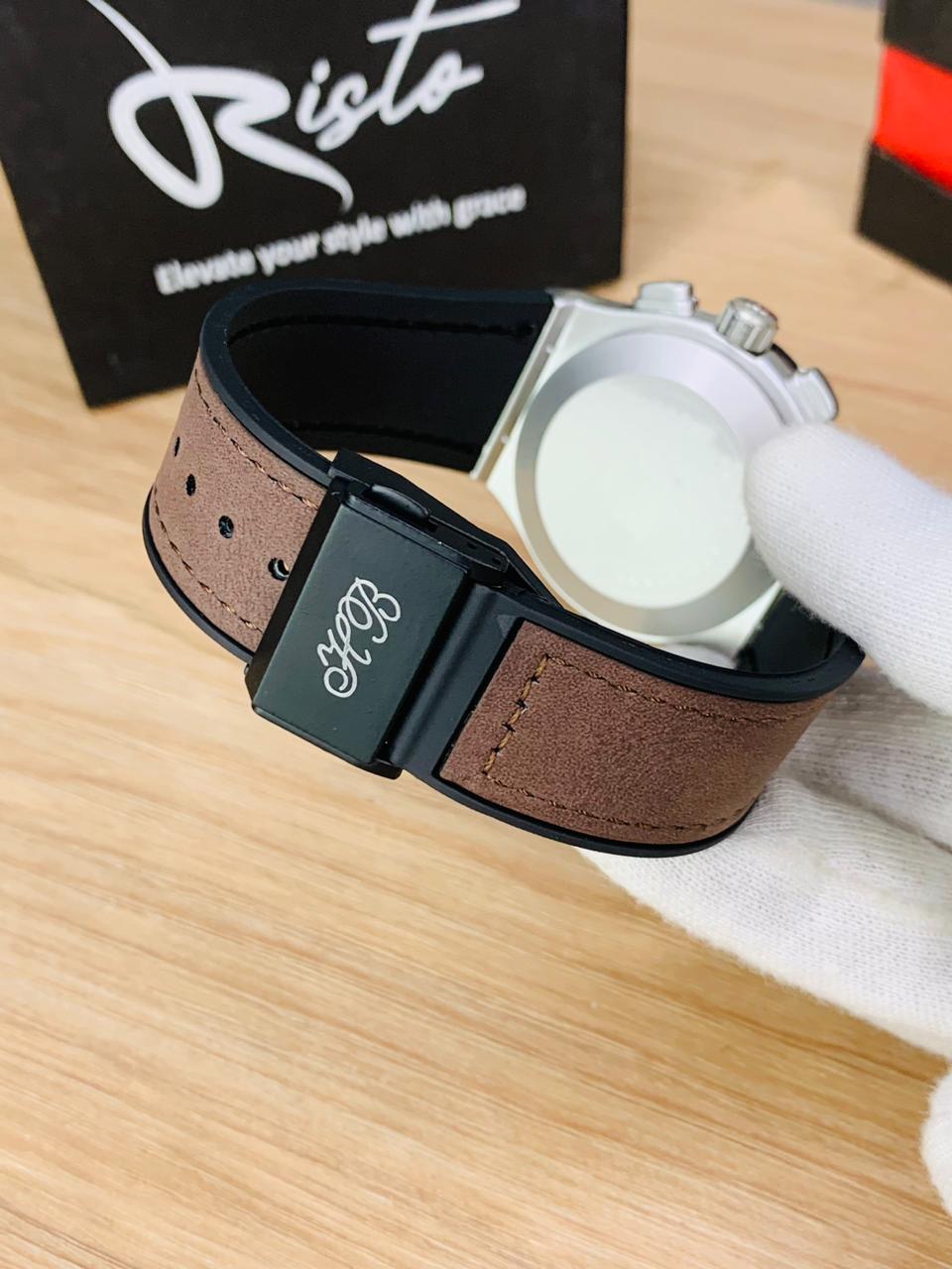 HB Skeleton Leather Straps - Premium Watch - Silver Brown