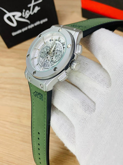 Hublot Skeleton Leather Straps - Premium Watch - Silver Green