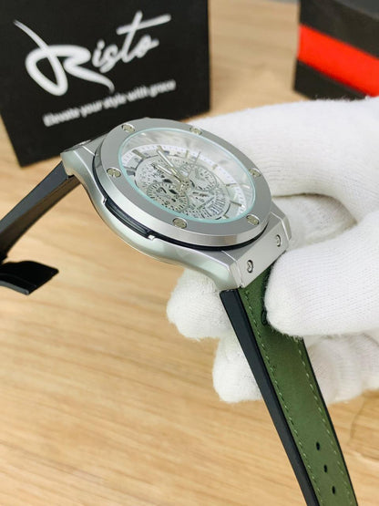 Hublot Skeleton Leather Straps - Premium Watch - Silver Green