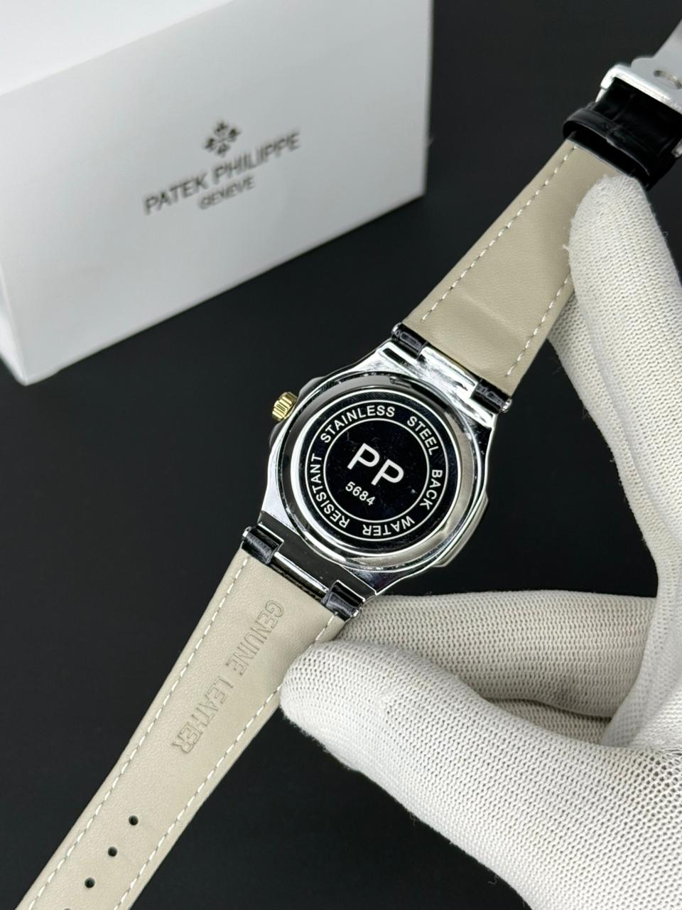 Patek Philippe Nautilus - Leather Strap Black Dial - Black & Golden
