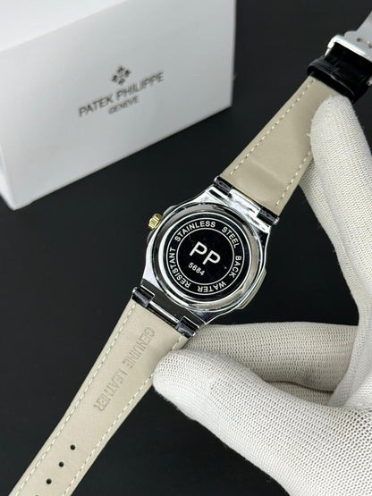 Patek Philippe Nautilus - Leather Strap Black Dial - Black & Golden