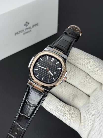 Patek Philippe Nautilus - Leather Strap Black Dial - Black & Rose Gold