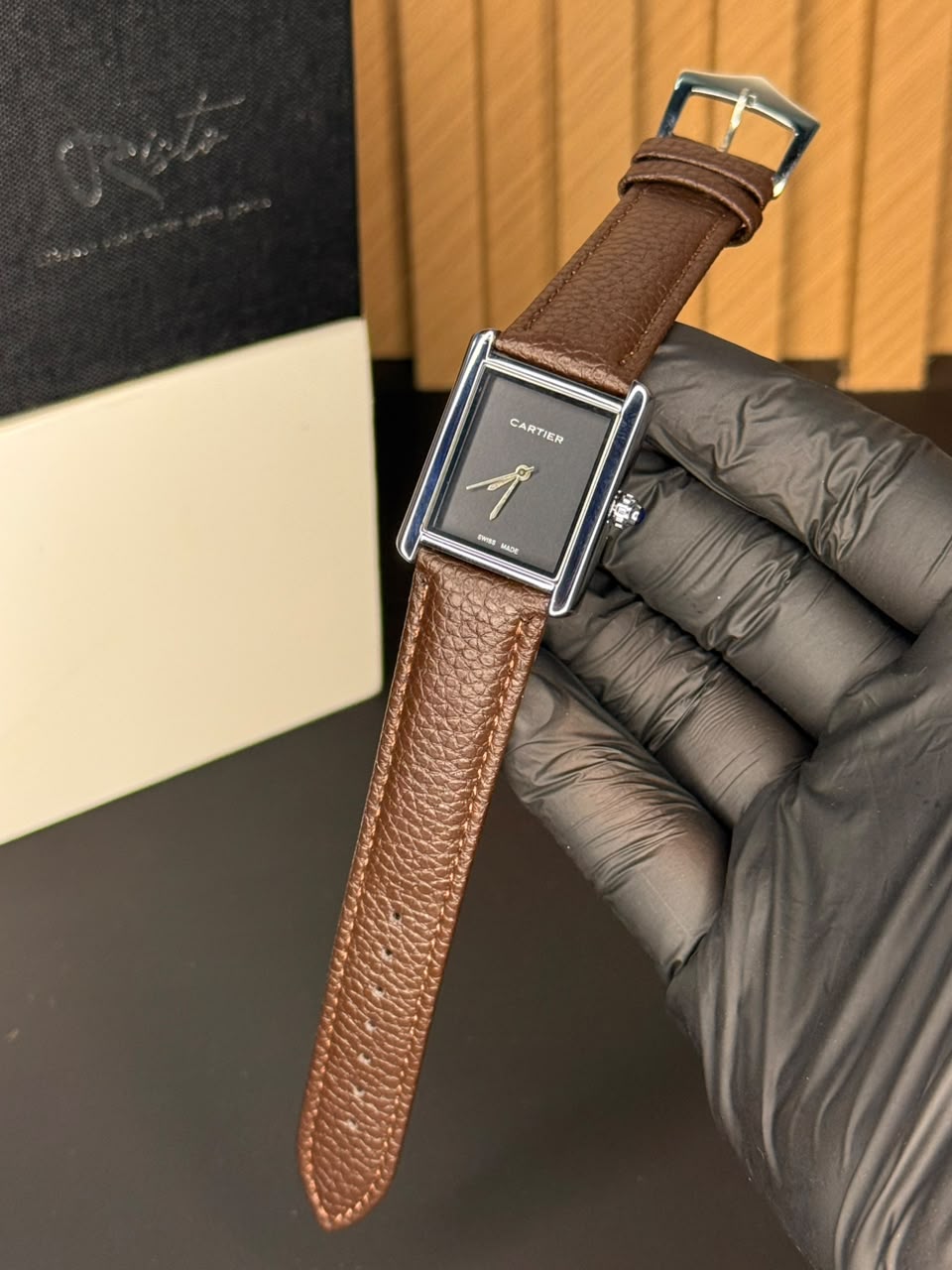 Cartier Tank Plain Dial Watch - Leather Straps Brown Black Dial