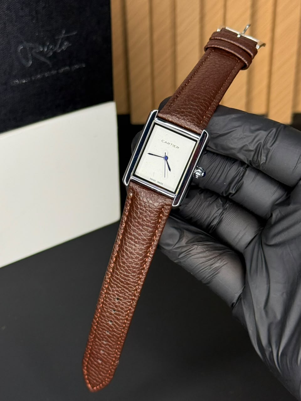 Cartier Tank Plain Dial Watch - Leather Straps Brown White Dial