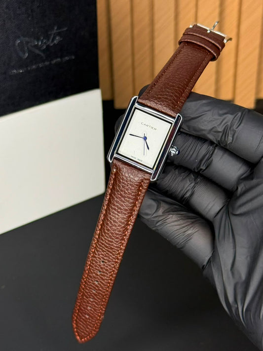 Cartier Tank Plain Dial Watch - Leather Straps Brown White Dial