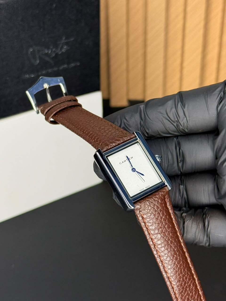 Cartier Tank Plain Dial Watch - Leather Straps Brown White Dial