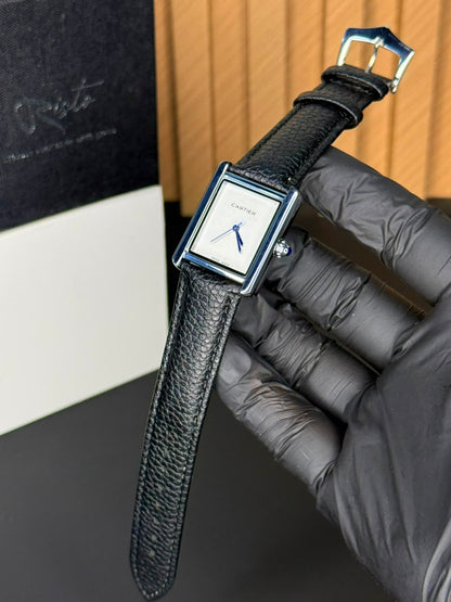 Cartier Tank Plain Dial Watch - Leather Straps Black White Dial