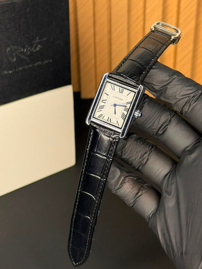 Cartier Tank Roman Numerals Watch - Leather Straps Black White Dial