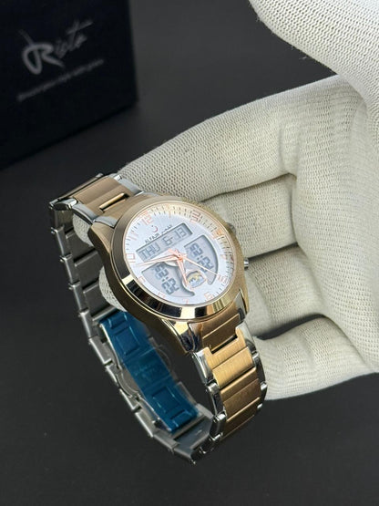 Al-Fajr Dual-Time Two-Tone Watch – Stainless Steel Chain with Islamic Prayer Times & Qibla Direction