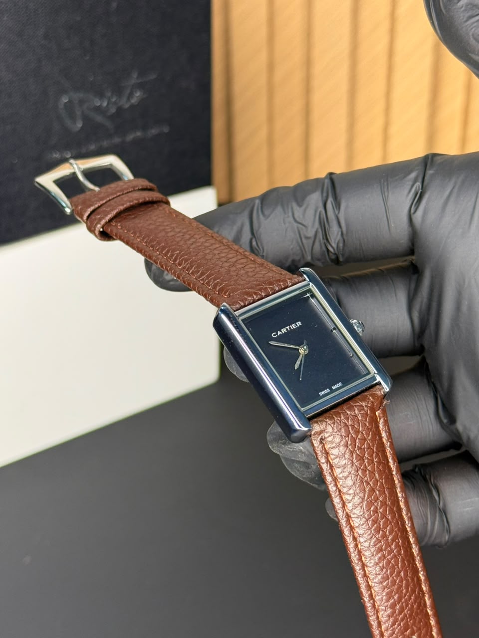 Cartier Tank Plain Dial Watch - Leather Straps Brown Black Dial