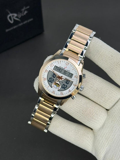 Al-Fajr Dual-Time Two-Tone Watch – Stainless Steel Chain with Islamic Prayer Times & Qibla Direction