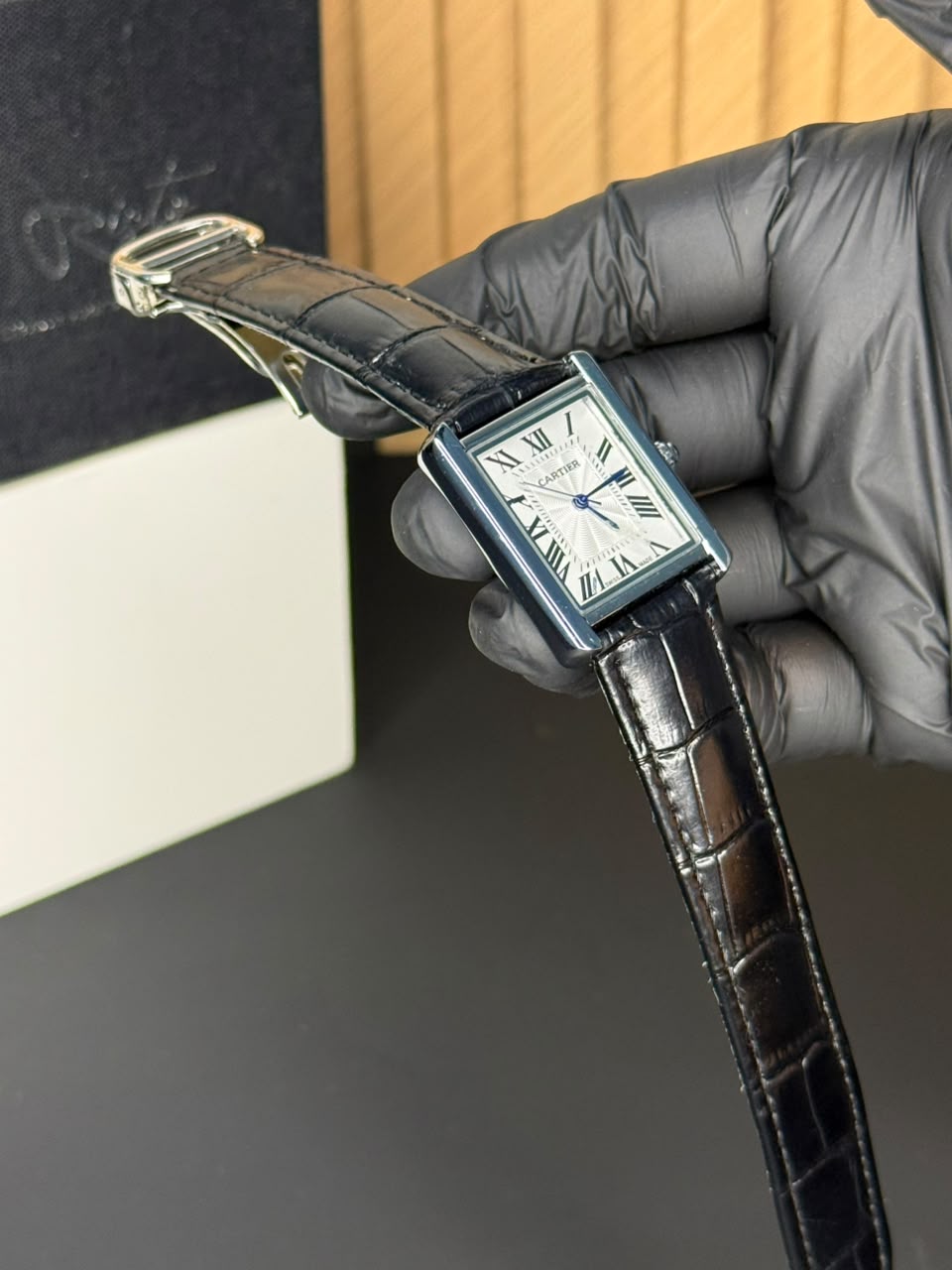 Cartier Tank Roman Numerals Watch - Leather Straps Black White Dial