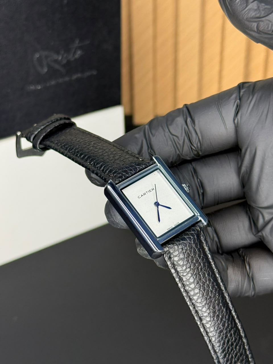 Cartier Tank Plain Dial Watch - Leather Straps Black White Dial