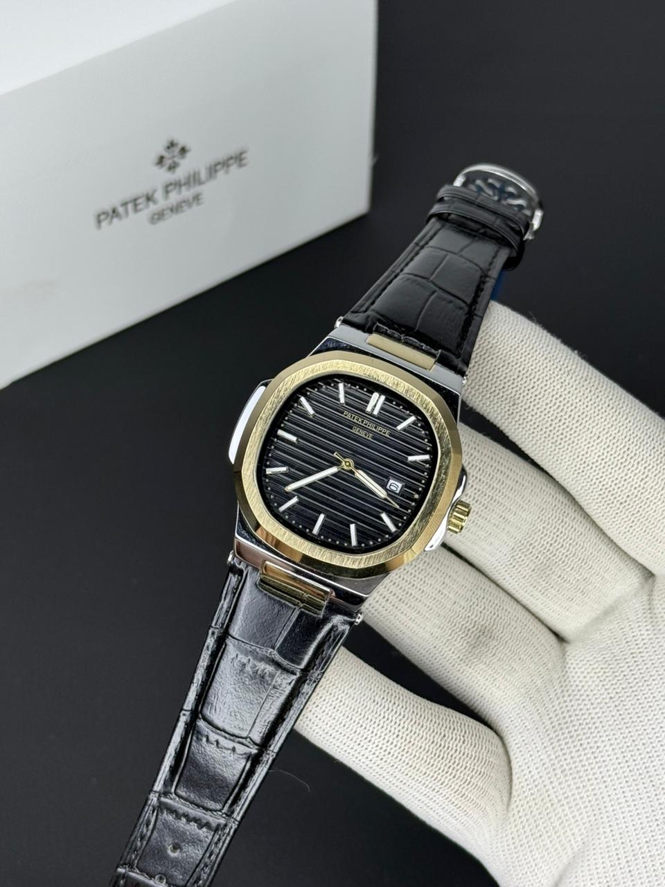 Patek Philippe Nautilus - Leather Strap Black Dial - Black & Golden