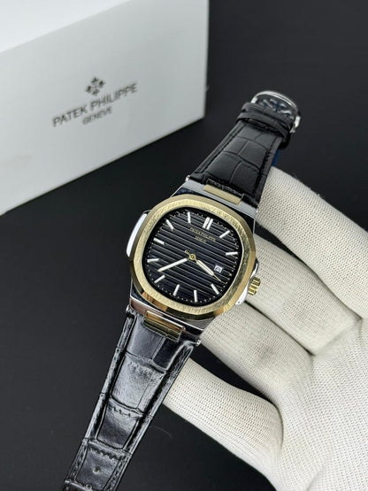 Patek Philippe Nautilus - Leather Strap Black Dial - Black & Golden