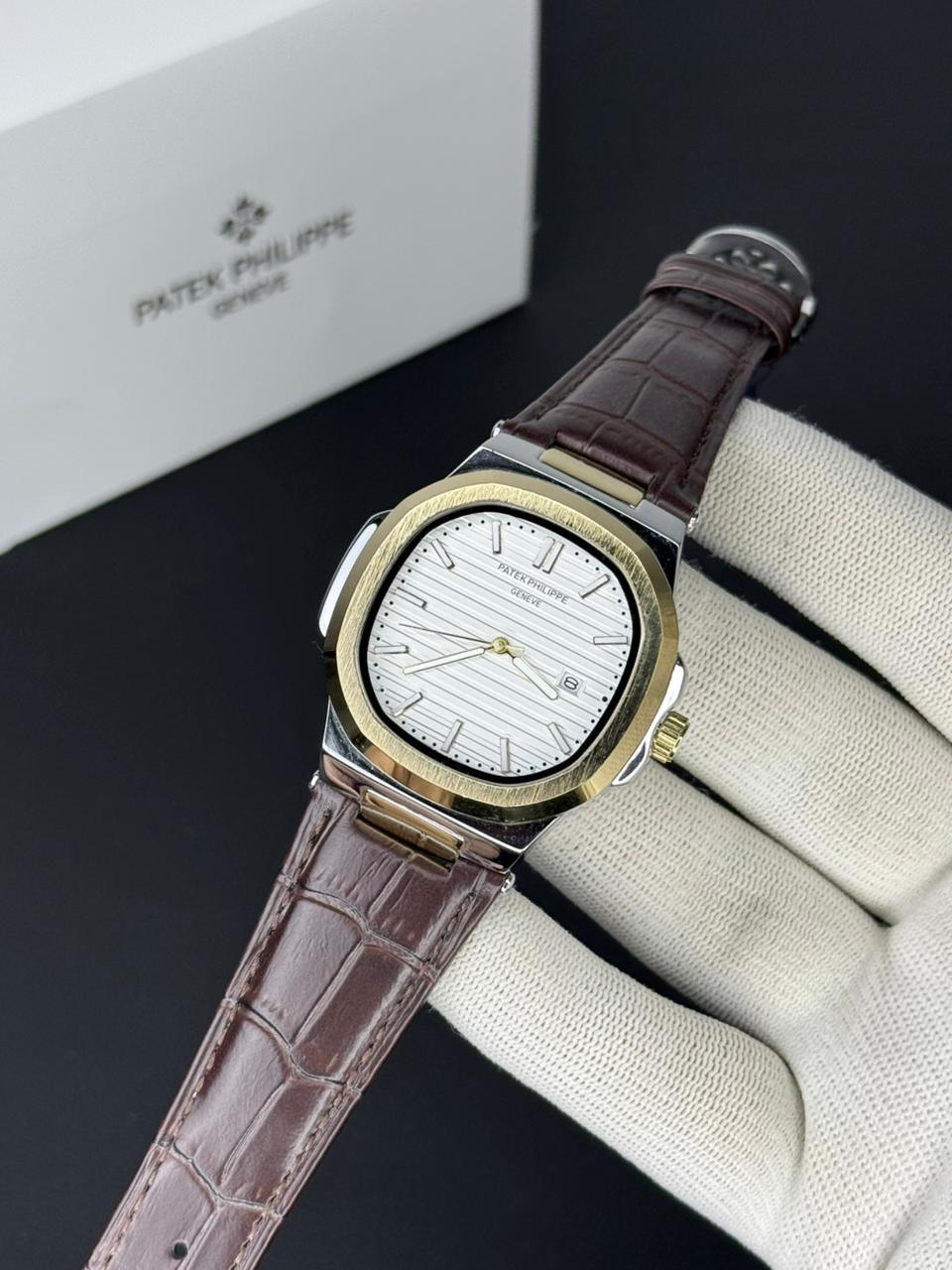 Patek Philippe Nautilus - Leather Strap White Dial Brown & Golden