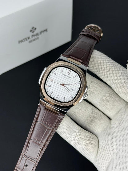 Patek Philippe Nautilus - Leather Strap White Dial Brown & Rose Gold