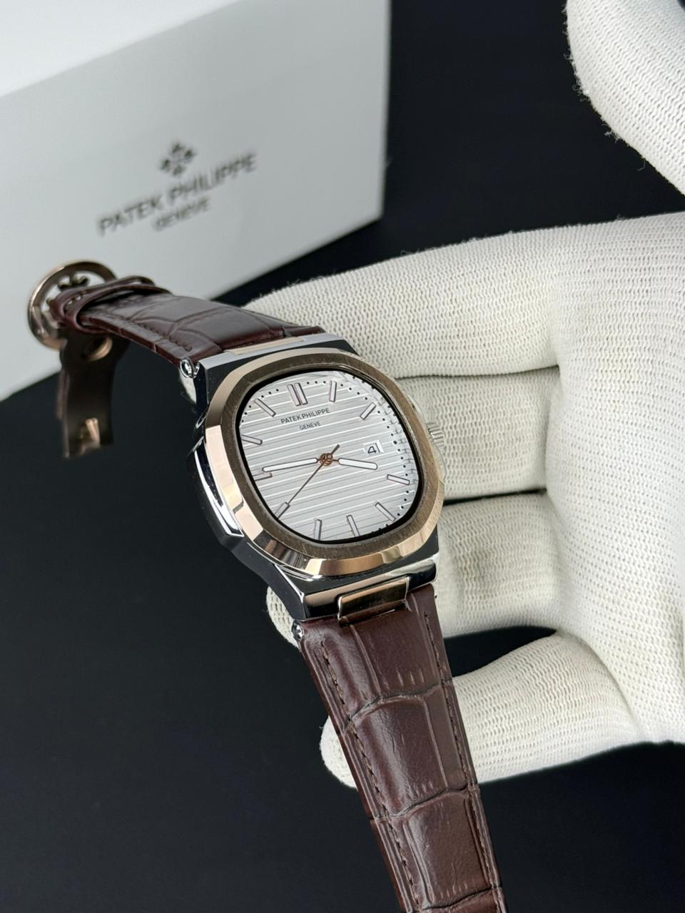 Patek Philippe Nautilus - Leather Strap White Dial Brown & Rose Gold