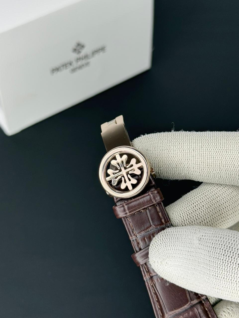 Patek Philippe Nautilus - Leather Strap White Dial Brown & Rose Gold