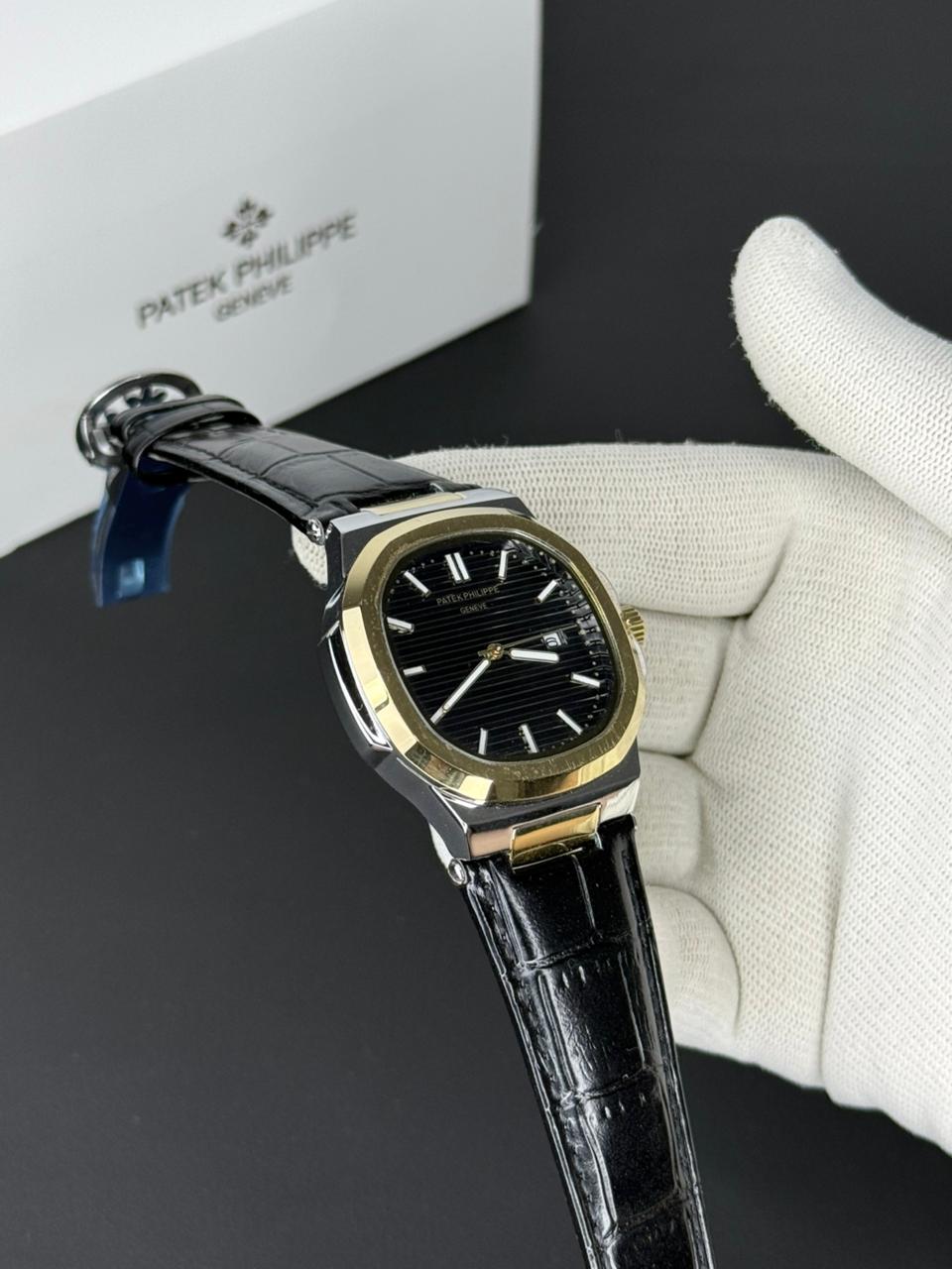 Patek Philippe Nautilus - Leather Strap Black Dial - Black & Golden